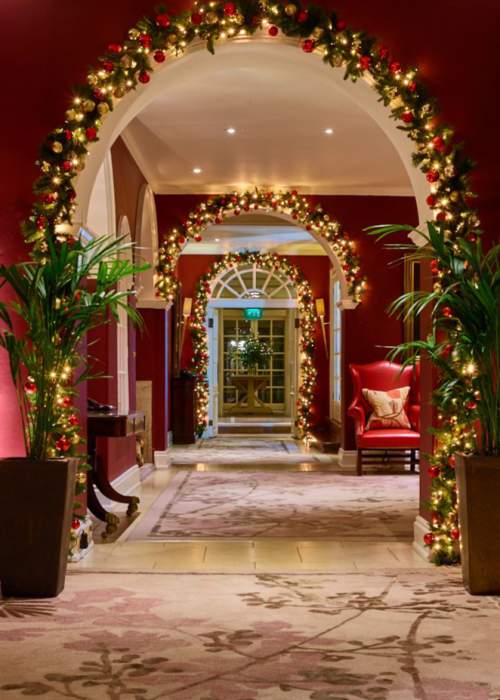Christmas decorated hallway at Chewton Glen Hotel in the New Forest